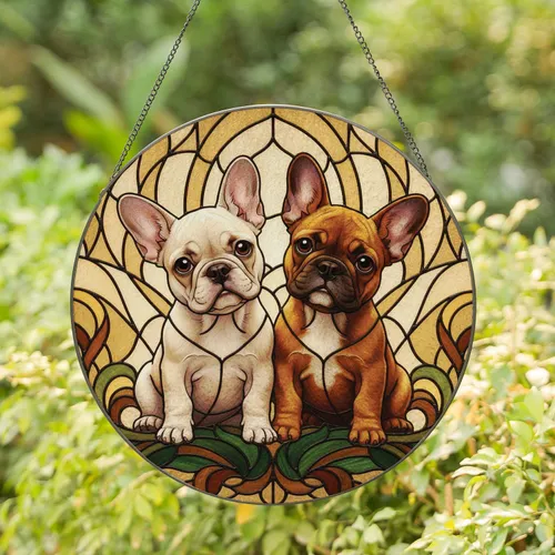 Side-by-Side Fawn Amber French Bulldog Puppies Leafy Home Decor Gift for Dog Lover Stained Glass Suncatcher