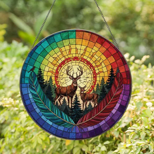Luminous Deer Forest Feather Sun Mosaic - Wilderness Home Decor Gift for Wildlife Lovers Stained Glass Suncatcher