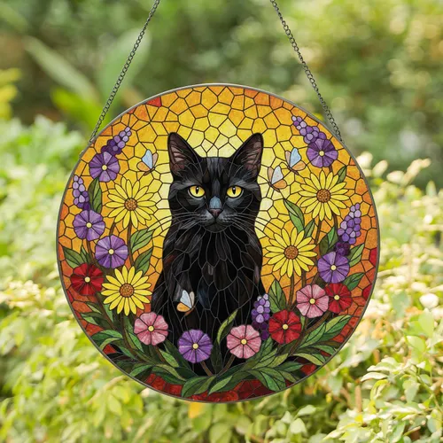 Black Cat Yellow Eye Wildflower Stained Glass - Home Decor Gift for Cat Lover Stained Glass Suncatcher