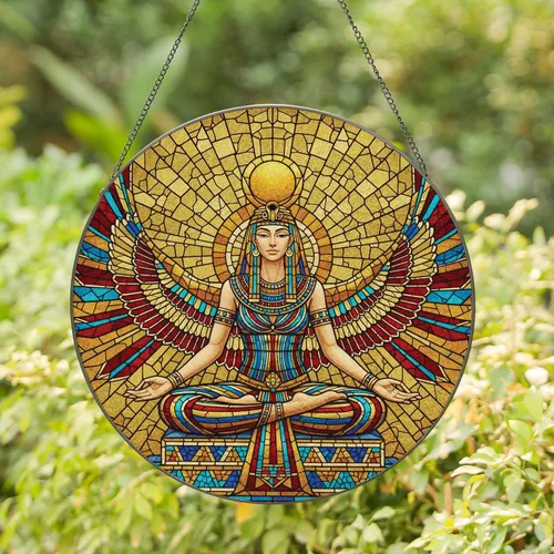 Winged Egyptian Goddess Sun Disk Uraeus Headdress Radiant Wings Lapis Jewelry - Home Decor Gift Stained Glass Suncatcher