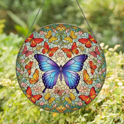 Tiffany Butterfly Swirling Vines Flowers - Home Decor Gift for Butterfly Lovers Stained Glass Suncatcher