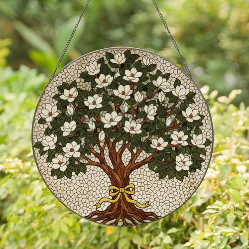 Magnolia Tree Blooms Ribbon - Home Decor Gift for Garden Lover Stained Glass Suncatcher