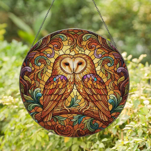 Barn Owls Nuzzling Tree Branch Botanical Mosaic - Wildlife Lover Home Decor Gift Stained Glass Suncatcher