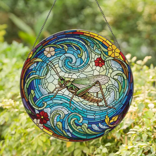 Grasshopper Natural Landscape Stained Glass Mosaic Wildlife Decor Gift Stained Glass Suncatcher
