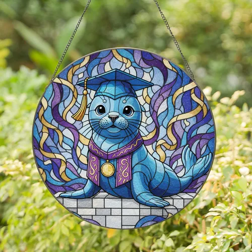 Blue Seal Pup Graduation Cap - Celebration Gift for Graduates Stained Glass Suncatcher