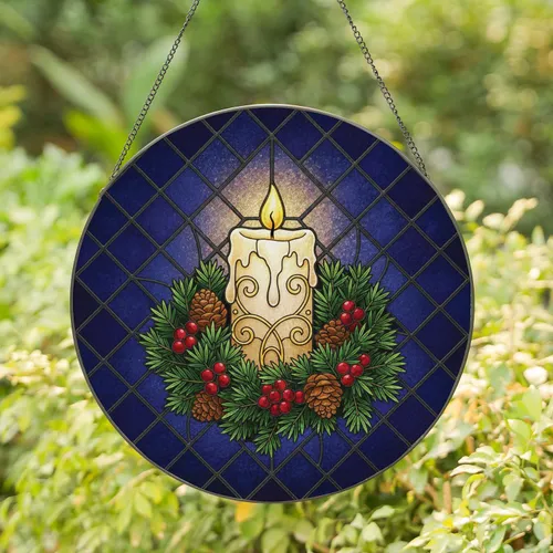 Illuminated Pillar Candle Pine Wreath Red Berry - Christmas Home Decor Gift Stained Glass Suncatcher