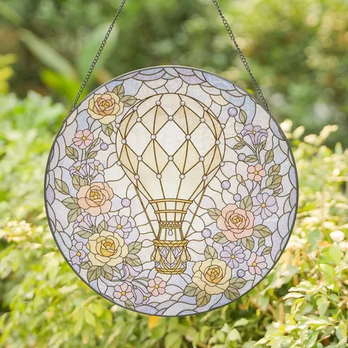 Hot Air Balloon Rose Blossoms Periwinkle Leaves Golden Lines Sky - Home Decor Gift Stained Glass Suncatcher