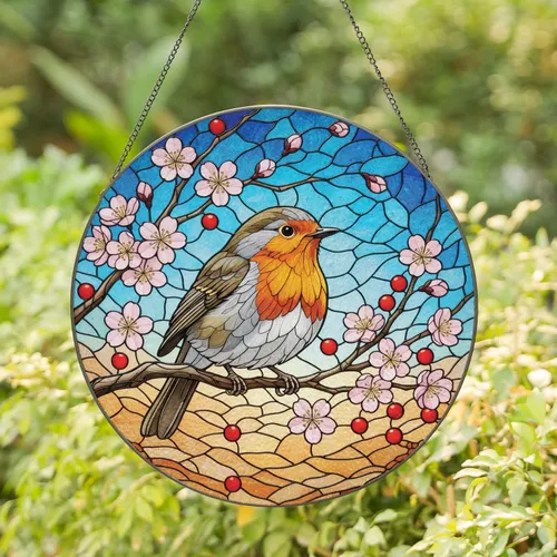 European Robin Cherry Blossom Berries - Home Decor Gift for Wildlife Lover Stained Glass Suncatcher