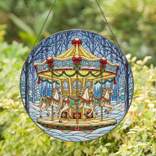Winter Village Carousel Horses - Christmas Home Decor Gift Stained Glass Suncatcher