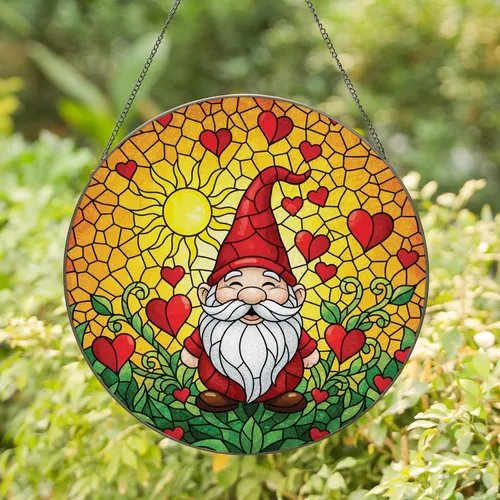 Garden Gnome Red Hat Sun Red Hearts Green Foliage - Home Decor Gift for Garden Lover Stained Glass Suncatcher