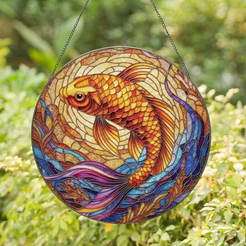 Goldfish Koi Fish Swirling Water - Home Decor Gift for Aquatic Lover Stained Glass Suncatcher