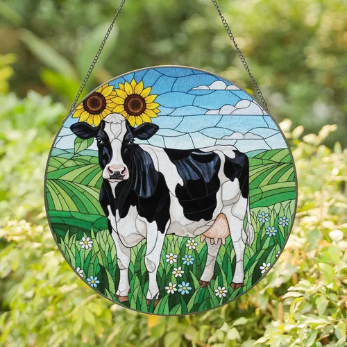 Holstein Cow Sunflower Crown Farmhouse Home Decor Gift for Cow Lover Stained Glass Suncatcher