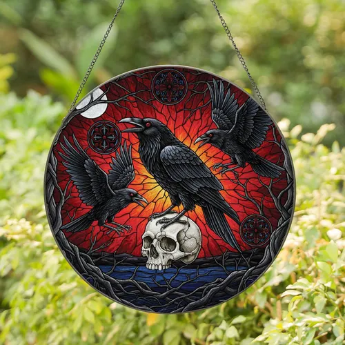 Black Raven Skull Gothic Branches Fiery Sky - Gothic Decor Gift for Raven Lover Stained Glass Suncatcher