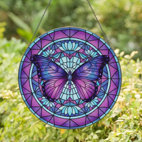 Butterfly Lotus Blossoms Circular Radiant Shapes Home Decor Gift for Butterfly Lovers Stained Glass Suncatcher