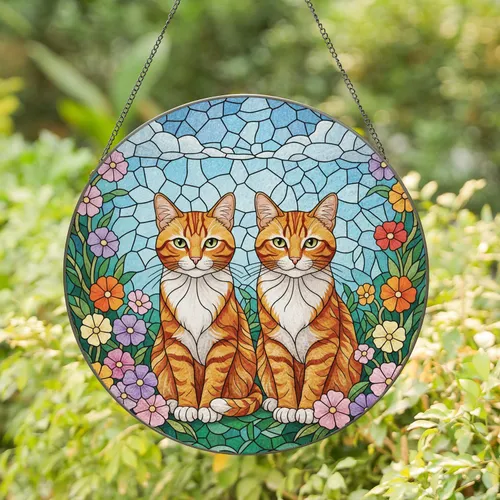 Ginger Tabby Cats Blooming Flowers Garden Mosaic - Home Decor Gift for Cat Lover Stained Glass Suncatcher