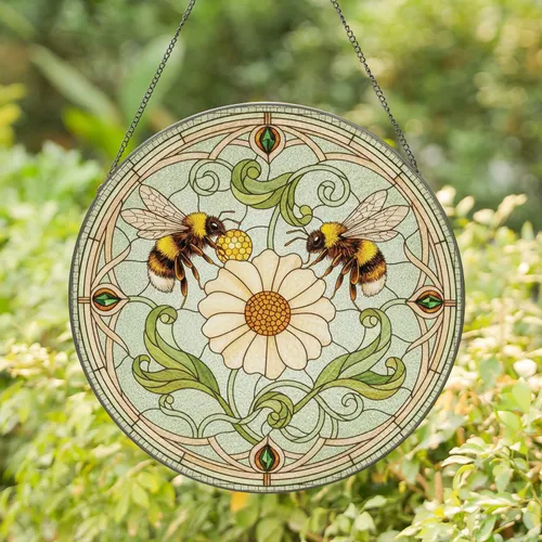 Bumblebees Flower Mosaic - Home Decor Gift for Bee Lover Stained Glass Suncatcher