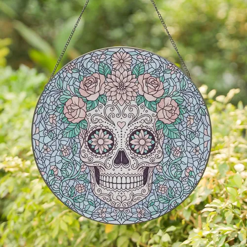 Calavera Skull Floral Crown Vines - Home Decor Gift Stained Glass Suncatcher