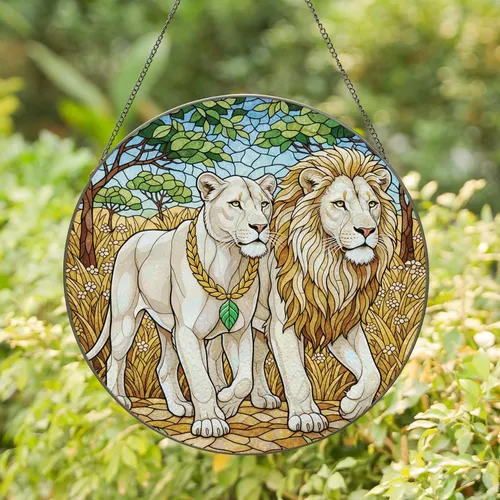 White Lion Lioness Golden Wreath Walking - Wildlife Lover Home Decor Gift Stained Glass Suncatcher