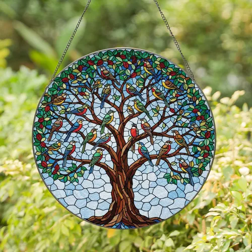 Sprawling Luminous Stained Glass Tree Songbirds Mosaic - Home Decor Gift for Bird Lovers Stained Glass Suncatcher