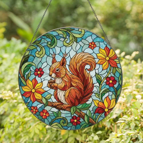 Fluffy Squirrel Acorn Orange Red Flower Green Leaf Sky Background Foliage - Wildlife Lover Gift Stained Glass Suncatcher