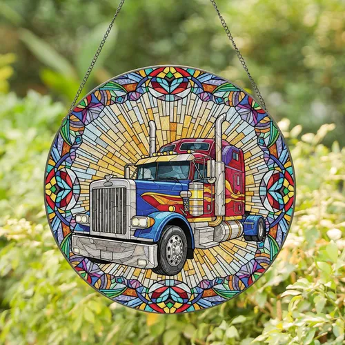 Semi-Truck Tractor Unit Chrome Grille Headlights - Home Decor Gift for Truck Lover Stained Glass Suncatcher