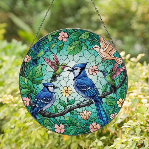 Blue Jay Hummingbird Dove Blossoms Vines - Home Decor Gift for Bird Lovers Stained Glass Suncatcher