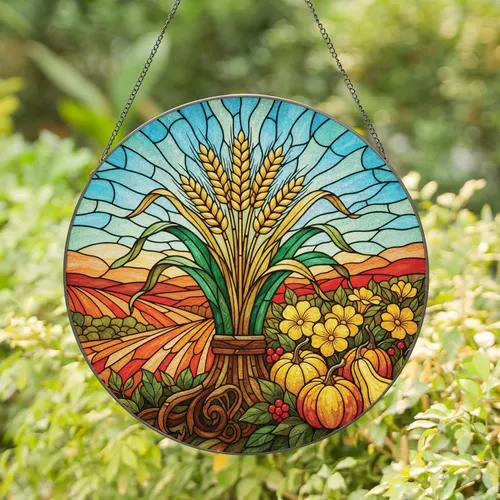 Golden Wheat Stalks Gourds Field Landscape Farmhouse Home Decor Gift for Garden Lover Stained Glass Suncatcher