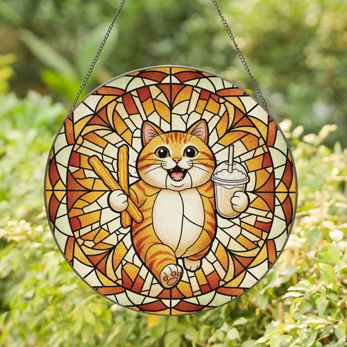 Running Ginger Cat Fried Dough Drink - Home Decor Gift for Cat Lover Stained Glass Suncatcher
