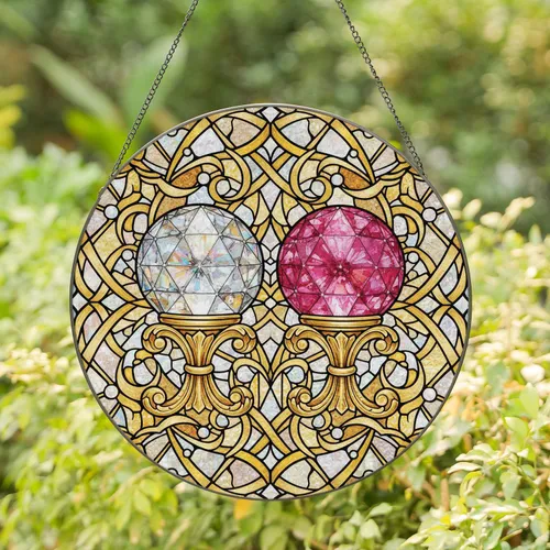 Luminous Crystal Spheres Gold Scrollwork Intricate Mosaic - Home Decor Gift Stained Glass Suncatcher