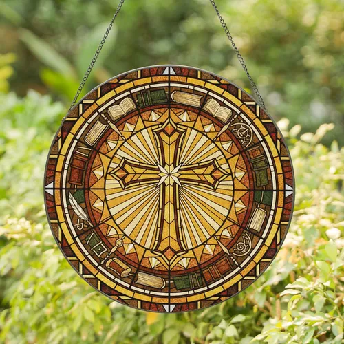 Ornate Cross Starburst Radiant Rays Stacked Books - Intellectual Home Decor Gift Stained Glass Suncatcher
