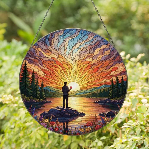 Solitary Male Figure Rocky Outcrop Radiant Sunset Wildflowers Hills - Home Decor Gift Stained Glass Suncatcher