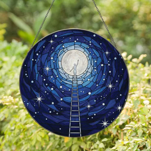Human Figure Climbing Ladder Full Moon Stars Cosmic Sky - Home Decor Gift Stained Glass Suncatcher