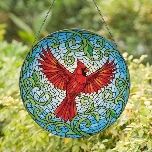 Red Cardinal Art Nouveau Vine Leaf Home Decor Gift for Bird Lover Stained Glass Suncatcher