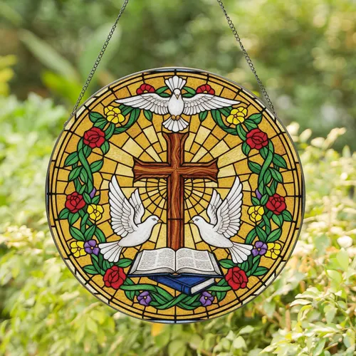 Wooden Cross Doves Bible Stained Glass Floral - Religious Home Decor Gift for Faith Lover Stained Glass Suncatcher