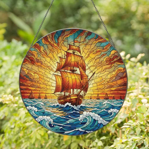 Two-Masted Sailboat Crashing Ocean Waves Distant Boats Radiant Sunset - Home Decor Gift for Sailor Stained Glass Suncatcher
