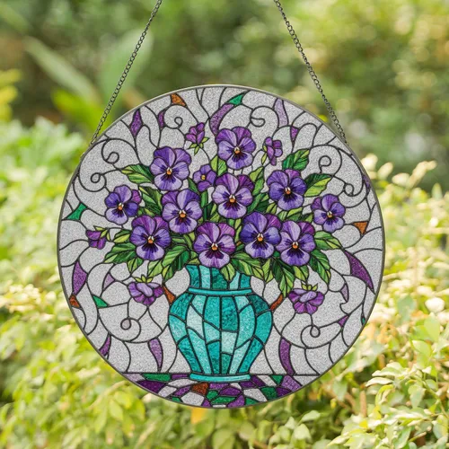 Vibrant Purple Pansies Bouquet Green Leaves Teal Vase - Home Decor Gift for Garden Lover Stained Glass Suncatcher