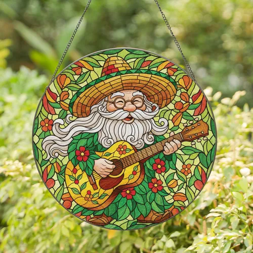 Elderly Bearded Gnome Spectacles Sombrero Guitar Floral - Home Decor Gift Stained Glass Suncatcher