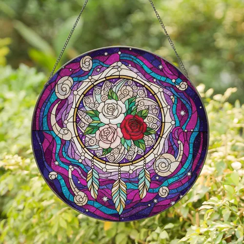 Dreamcatcher Roses Feathers Cosmic - Home Decor Gift for Dreamers Stained Glass Suncatcher