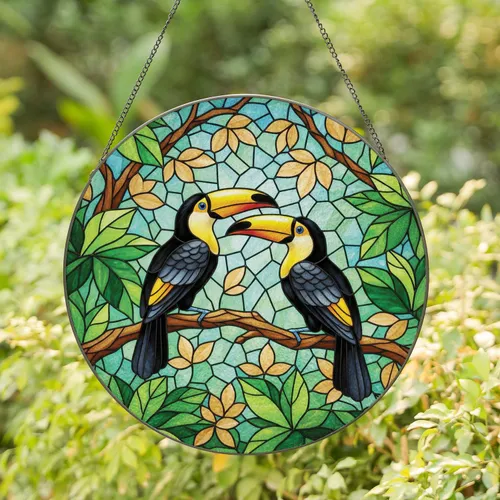 Black Toucans Embrace Green Leaves Branch - Home Decor Gift for Wildlife Bird Watchers Stained Glass Suncatcher