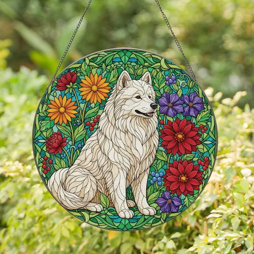 Samoyed Dog Blooming Botanical Flowers - Home Decor Gift for Pet Owner Stained Glass Suncatcher