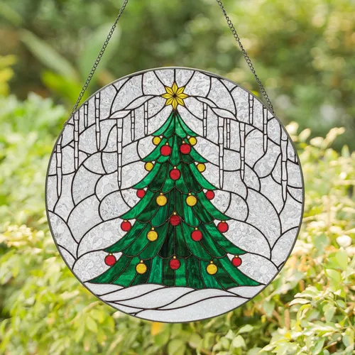 Ornate Christmas Tree Icicle Snowdrift - Christmas Holiday Gift Stained Glass Suncatcher
