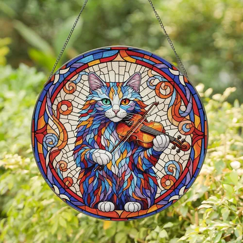 Stained Glass Cat Violin with Heterochromatic Eyes - Home Decor Gift for Cat Lovers Stained Glass Suncatcher