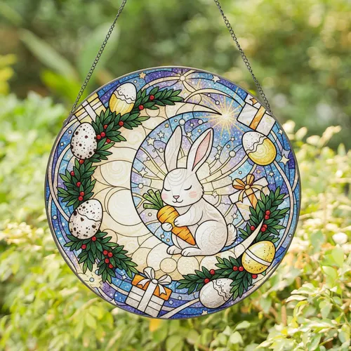White Bunny Carrot Crescent Moon Easter Eggs - Easter Home Decor Gift Stained Glass Suncatcher