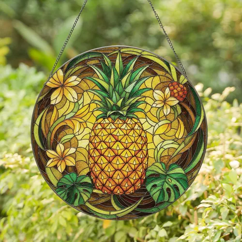 Pineapple Tropical Leaves Fruit Blossoms Geometric Swirls - Tropical Home Decor Gift Stained Glass Suncatcher