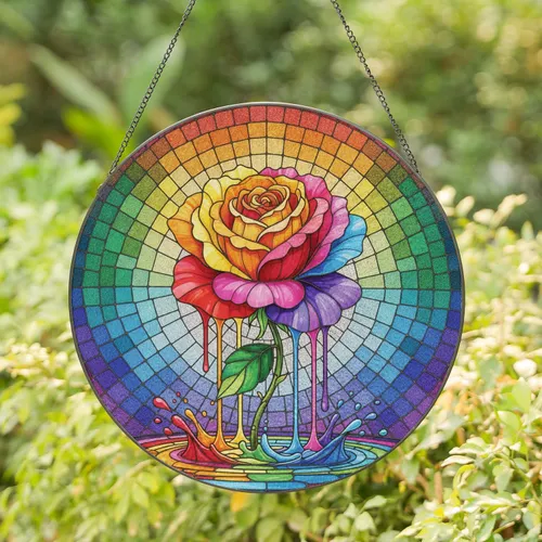 Blooming Rainbow Rose Liquid Splash Geometric Mosaic - Home Decor Gift for Flower Lovers Stained Glass Suncatcher