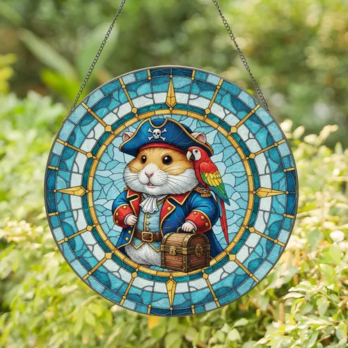 Pirate Hamster Macaw Treasure Ship Wheel - Home Decor Gift for Animal Lovers Stained Glass Suncatcher