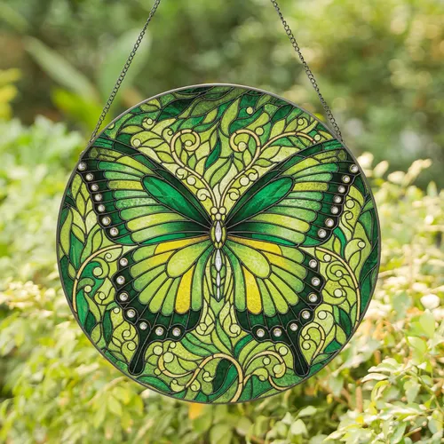 Emerald Green Butterfly Stained Glass Foliage - Home Decor Gift for Wildlife Lover Stained Glass Suncatcher