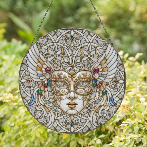 Luminous Ornate Venetian Masquerade Mask Feather Wings Elegant Home Decor Gift Stained Glass Suncatcher