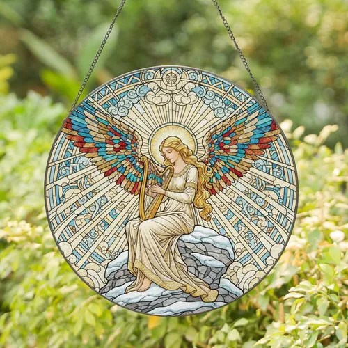 Female Angel Harp Radiant Wings Celestial Clouds - Home Decor Gift Stained Glass Suncatcher