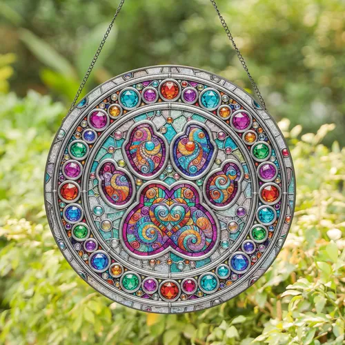 Rainbow Paw Print Heart Mosaic with Glass Spheres - Window Decor Gift Stained Glass Suncatcher